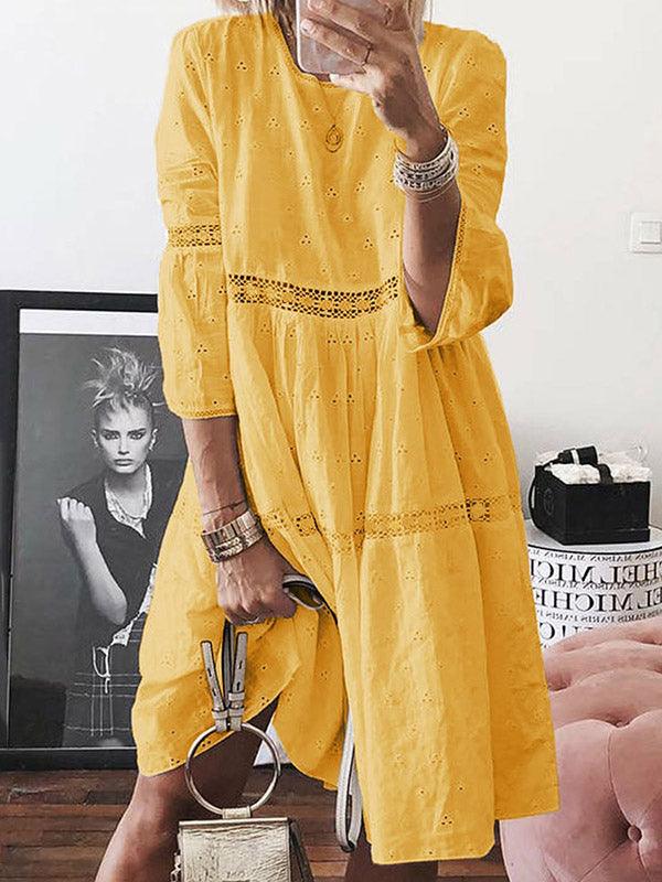 IFOMT 2024 New Fashion Elegant Loose Solid Color Hollow Round-Neck 3/4 Sleeves Midi Dress