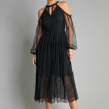 Ifomt - Black Lace Mesh Cold Shoulder Keyhole Midi Dress