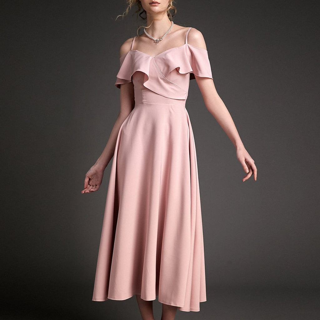 Ifomt - Pink Satin Flounce-Trimmed Off-the-Shoulder Maxi Dress
