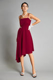 Ifomt - Dark Red Spaghetti Strap Asymmetric Hem Midi Dress