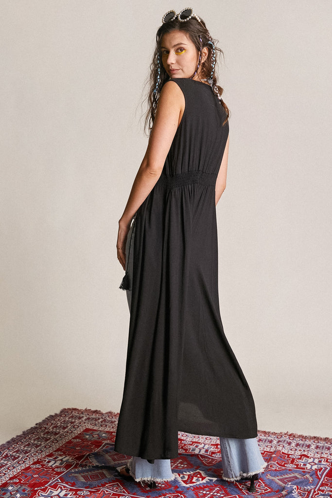 Ifomt - Black Embroidered Plunge Neck Smocked Waist Boho Maxi Dress