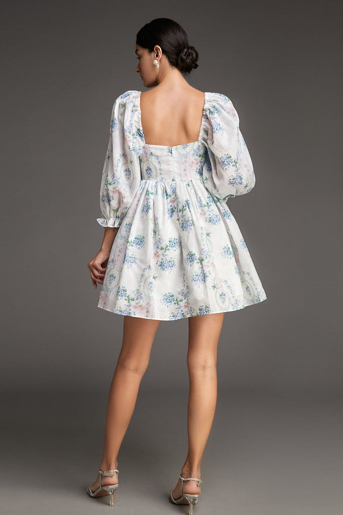 Ifomt - White Floral Print Puff Sleeve Square Neck Babydoll Mini Dress