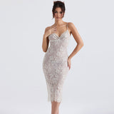 IFOMT Floral Lace Ruched Trim Open Back Bodycon Slip Cocktail Midi Dress - White