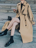 Women's Trench Coat Fall Double Breasted Belted Long Overcoat Classic Lapel Slim Windproof Warm Coat with Pockets Plain Black Khaki
