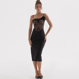 IFOMT Floral Lace Corset Bodycon Slip Cocktail Midi Dress - Black