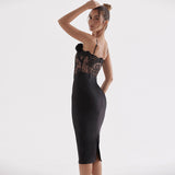 IFOMT Floral Lace Corset Bodycon Slip Cocktail Midi Dress - Black