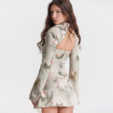 IFOMT Flower Print Cutout Ruched Trim Long Sleeve Mini Dress - Floral
