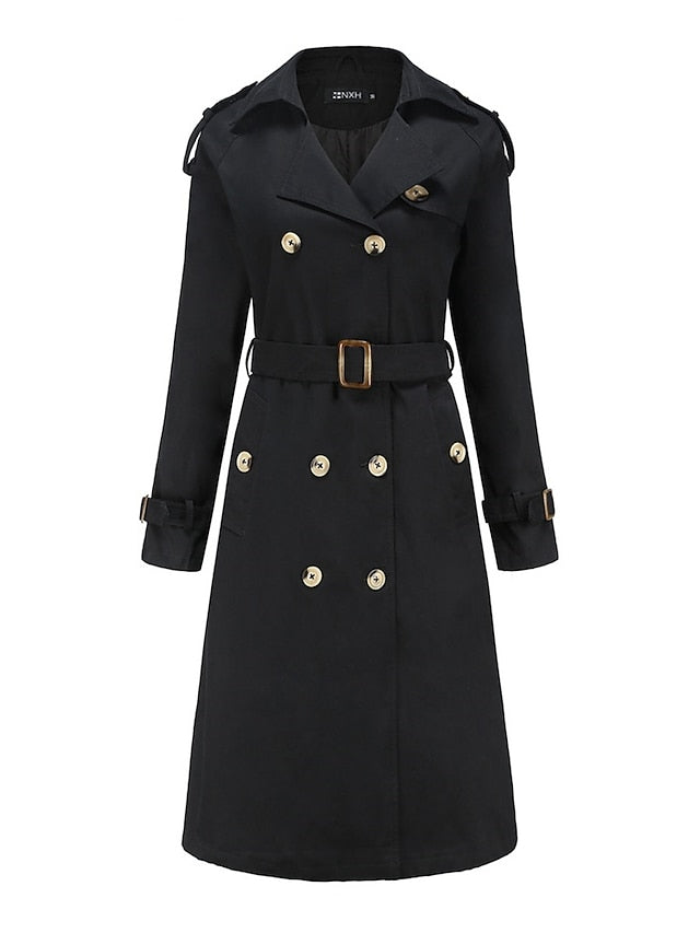 Women's Trench Coat Double-Breasted Classic Lapel Overcoat Belted Slim Outerwear Coat Button Plain Fashion Outerwear Long Sleeve Fall Black S