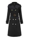 Women's Trench Coat Double-Breasted Classic Lapel Overcoat Belted Slim Outerwear Coat Button Plain Fashion Outerwear Long Sleeve Fall Black S