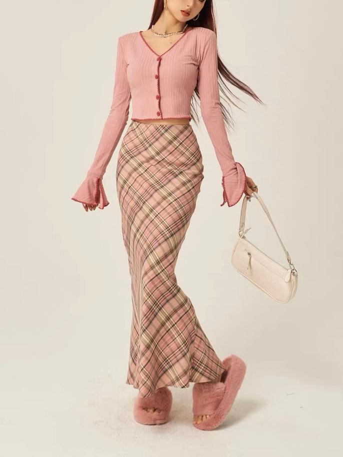 IFOMT 2024 New Fashion Elegant Vintage 3 Color Plaid Y2K Long Skirt