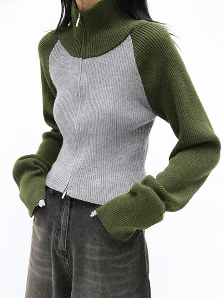 Ifomat Knit Contrast Color High Neck Cardigan