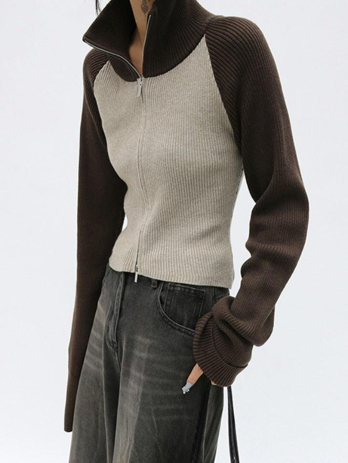 Ifomat Knit Contrast Color High Neck Cardigan