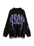 Ifomat Letter Jacquard Ripped Holes Pullover Sweater