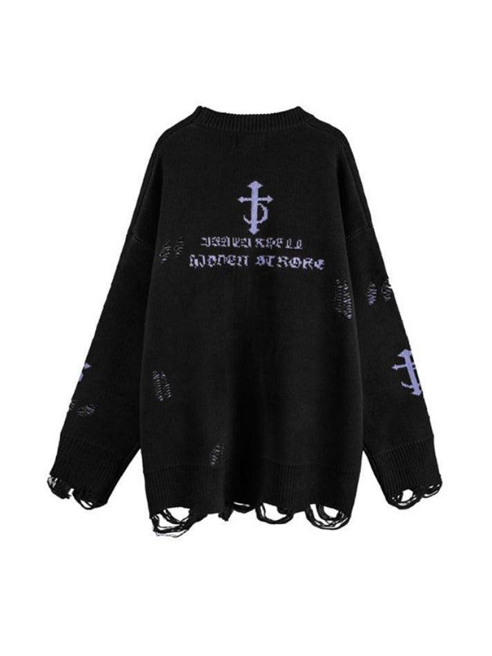 Ifomat Letter Jacquard Ripped Holes Pullover Sweater