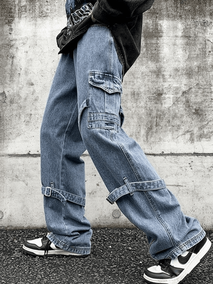 Ifomat Men's Strap Detail Vintage Cargo Jeans