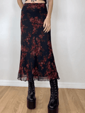 Ifomat Mesh Paneled Floral Midi Skirt
