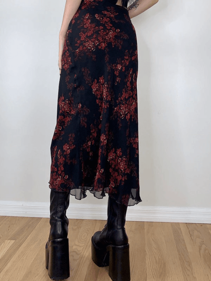 Ifomat Mesh Paneled Floral Midi Skirt