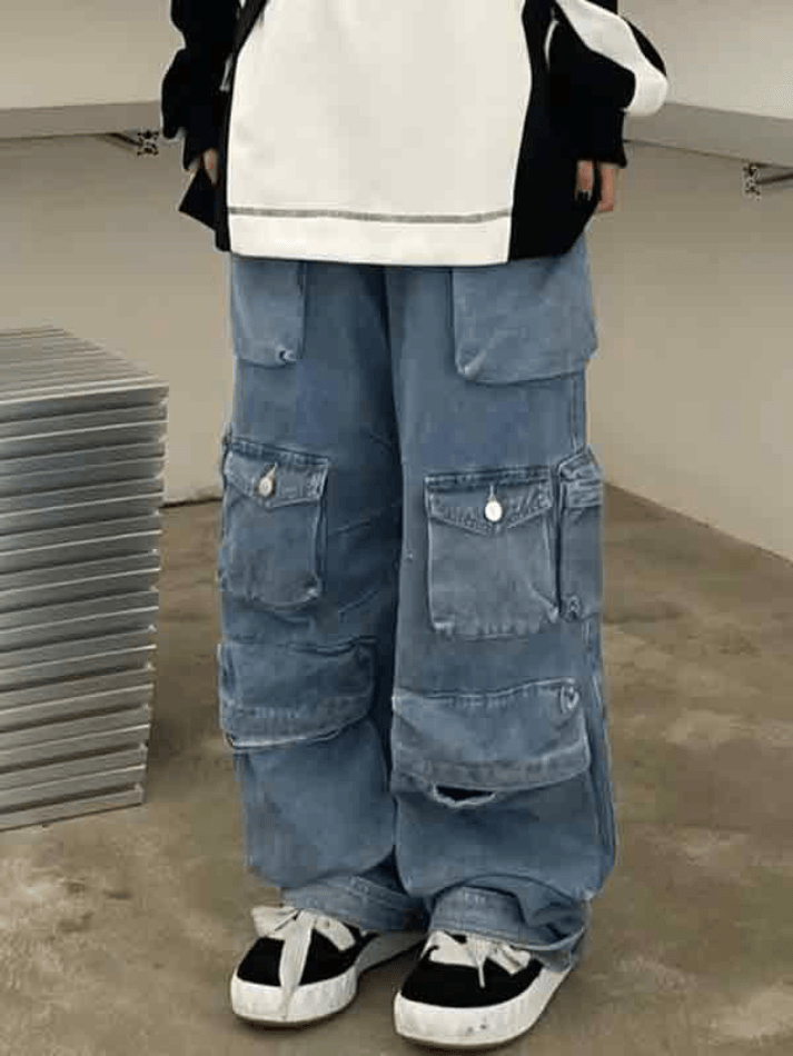 Ifomat Multiple Pocket Washed Cargo Boyfriend Jeans