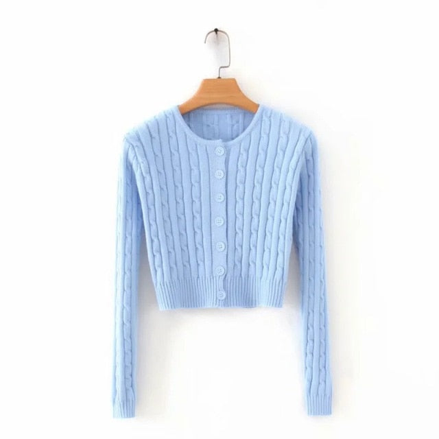Autumn Knitted Long Sleeve Cropped Sweater White Casual Cardigan Crop Top Women Buttons Knitwear Korean Fashion 2023
