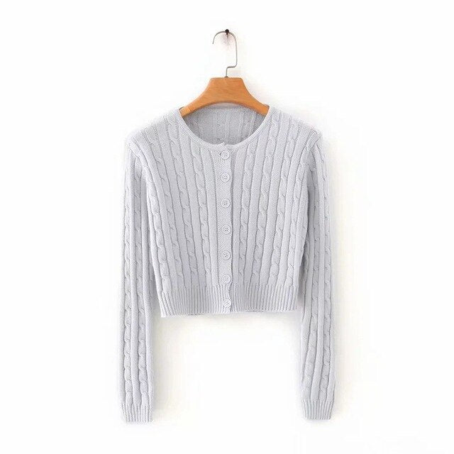 Autumn Knitted Long Sleeve Cropped Sweater White Casual Cardigan Crop Top Women Buttons Knitwear Korean Fashion 2023