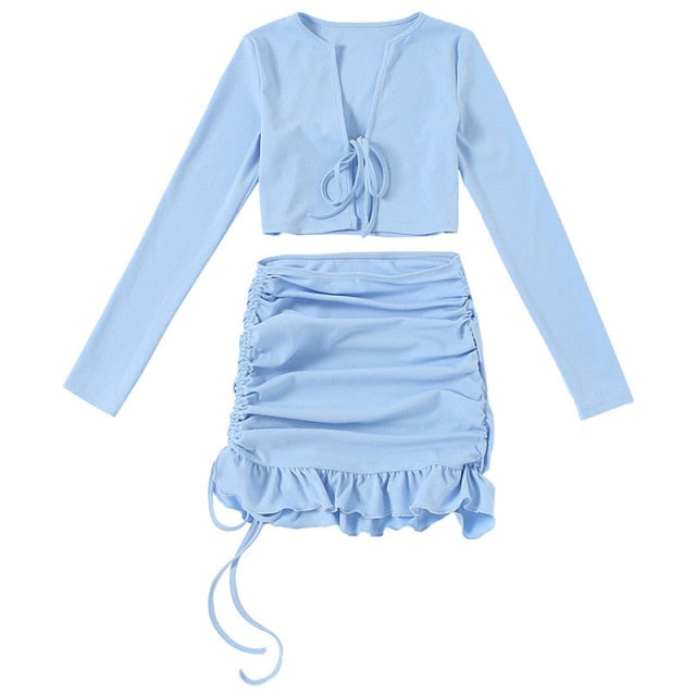 2- Piece Women Dress Set Lace Up Long Sleeve Crop Top + High Waist Ruched Skirt 2023 Autumn Ladies   Outfits