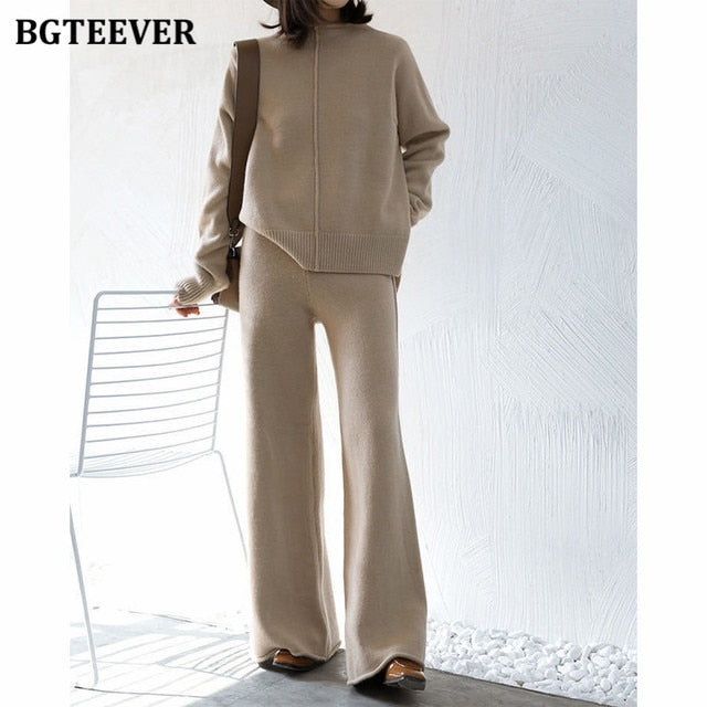 Casual Women Sweater Set O-neck Side Split Pullovers &amp; Wide Leg Pants Autumn Winter 2 Pieces Set Women Knit Set 2022