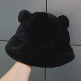 Back to College   Fashion Autumn Winter Leopard Fur Bucket Hat Bear Ear Ball Plush Fisherman Hat Soft Warm Thick Basin Hat Protection Bucket Hats