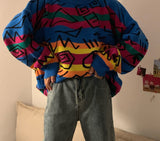 Chic Retro Crazy Style Loose Pull Femme Graffiti Lover Rainbow Striped Knit Sweater O Neck Long Sleeve Patch Pulllover