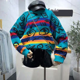 Ifomt Chic Retro Crazy Style Loose Pull Femme Graffiti Lover Rainbow Striped Knit Sweater O Neck Long Sleeve Patch Pulllover