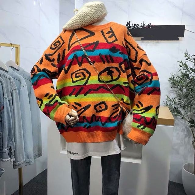 Ifomt Chic Retro Crazy Style Loose Pull Femme Graffiti Lover Rainbow Striped Knit Sweater O Neck Long Sleeve Patch Pulllover