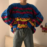 Chic Retro Crazy Style Loose Pull Femme Graffiti Lover Rainbow Striped Knit Sweater O Neck Long Sleeve Patch Pulllover
