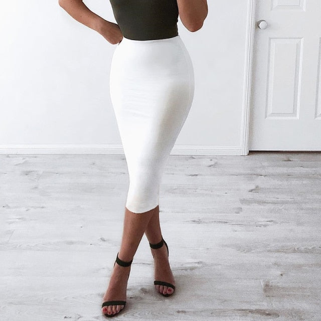 Ifomt 2 Layers High Waist Stretch Pencil Midi Skirt Women Elegant White Long Skirts Candy Colors Cotton Casual Skirt Gray