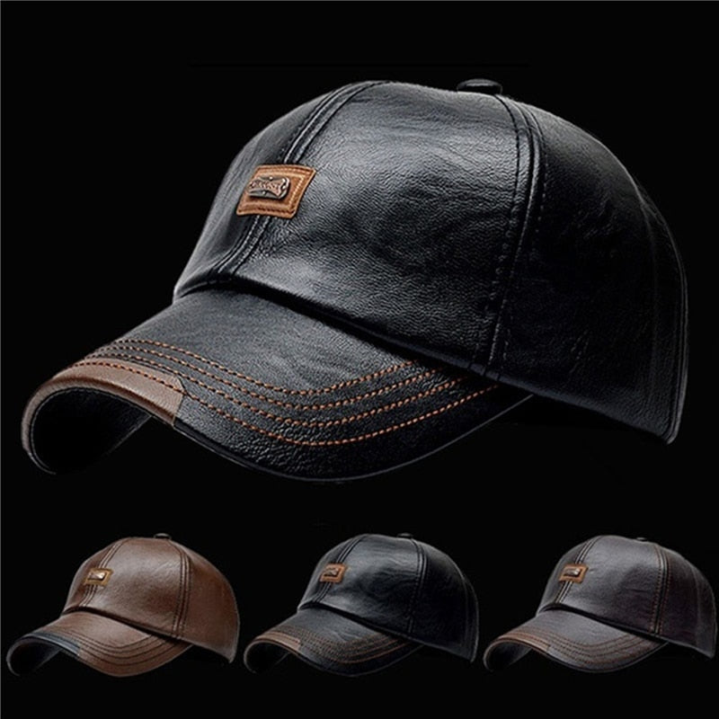 Back to College  NEW Baseball Cap Casual Fashion Hat Autumn And Winter Plus Velvet Cap Leather Baseball Cap For Men