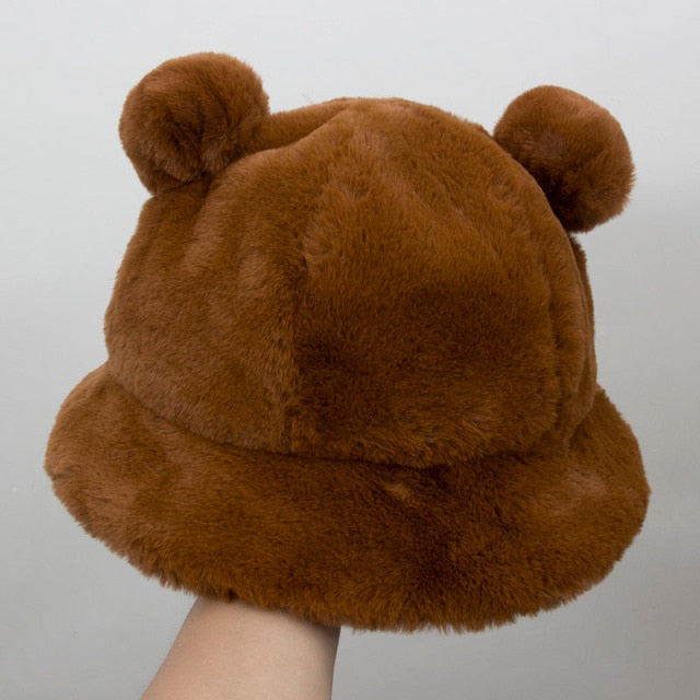 Back to College   Fashion Autumn Winter Leopard Fur Bucket Hat Bear Ear Ball Plush Fisherman Hat Soft Warm Thick Basin Hat Protection Bucket Hats