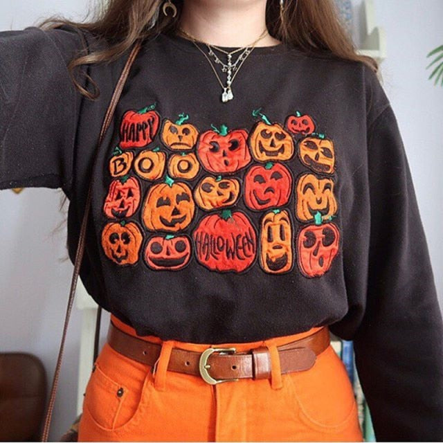 Ifomt Pumpkin Halloween Print Sweatshirt Women Casual Crewneck Long Sleeve Pullovers Streetwear Autumn Loose Sweatshirt Tops Moletom