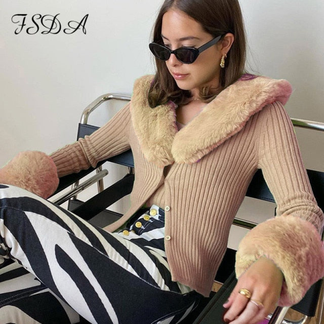 2022 Long Sleeve Crop Cardigan Women Knitted Winter Autumn Brown With Fur Jumper Fashion Vintage Sweater