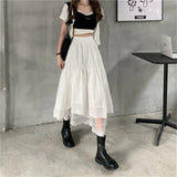 Black Gothic Lace Stitching Irregular Pleated Skirt Women White Vintage High Waist Long Skirt Korean Solid Hip Hop Streetwear