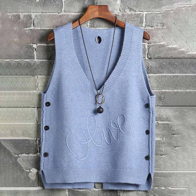 Woman Sleeveless Knitted Sweater Vest Waistcoat Side Buttons Casual Vest Female Pullover 2021 Fashion Autumn Solid Lady Top Girl