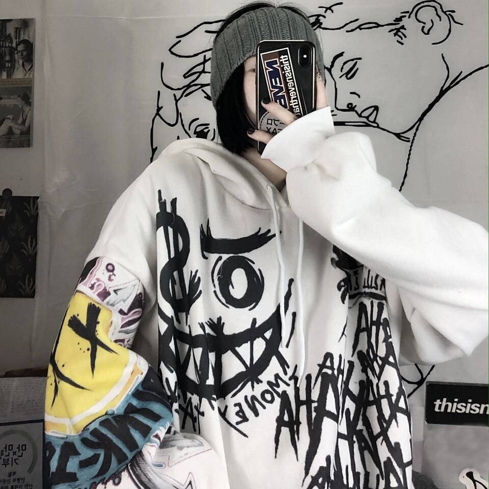 Ifomt Gothic Streetwear Hoodies Women Hip Hop Cartoon Print Hooded Oversize Sweatshirt Funny Punk Autumn Plus Fleece Female Hoodie Top