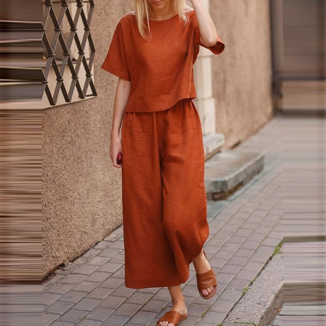 2022 Summer Fashion Two-Piece Sets Lady Cotton Linen O-Neck Short Tops And Wide Leg Pants Solid Suit Women Casual Simple Outfits