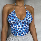 2023 Fashion Print Sleeveless Halter Top Women V Neck Backless Slim Casual Summer Crop Top Streetwear   Camis