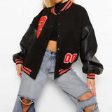 Autumn Winter Baseball Uniform Jackets Hip-hop Style Letter Striped Print Patchwork Overcoat Women Button Fleece Tops Outerwear