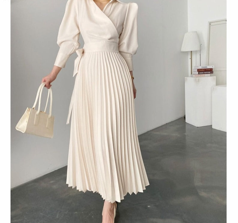 Ifomt Elegant Lapel Women Pleated Dress Autumn Winter Stylish Puff Sleeve Slim Waist Female A-line Dress Ladies Vestidos 2023
