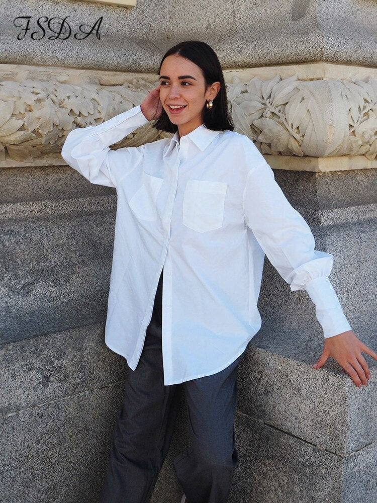 2022 Autumn Long Sleeve Loose Blouse Shirt Women Elegant White Button Turn Down Collar Casual Oversized Shirt Vintage Top