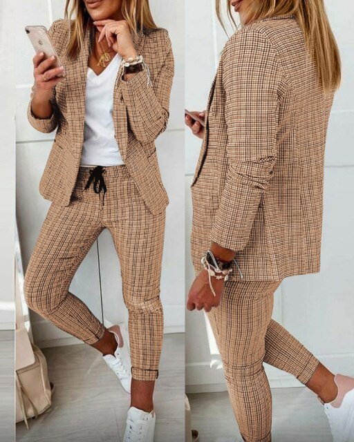 Ifomt Autumn Women Plaid Print Blazer Coat &amp; Drawstring Pants Sets 2022 Femme Pocket Design Jacket &amp; Trousers Traf Office Lady Outfits