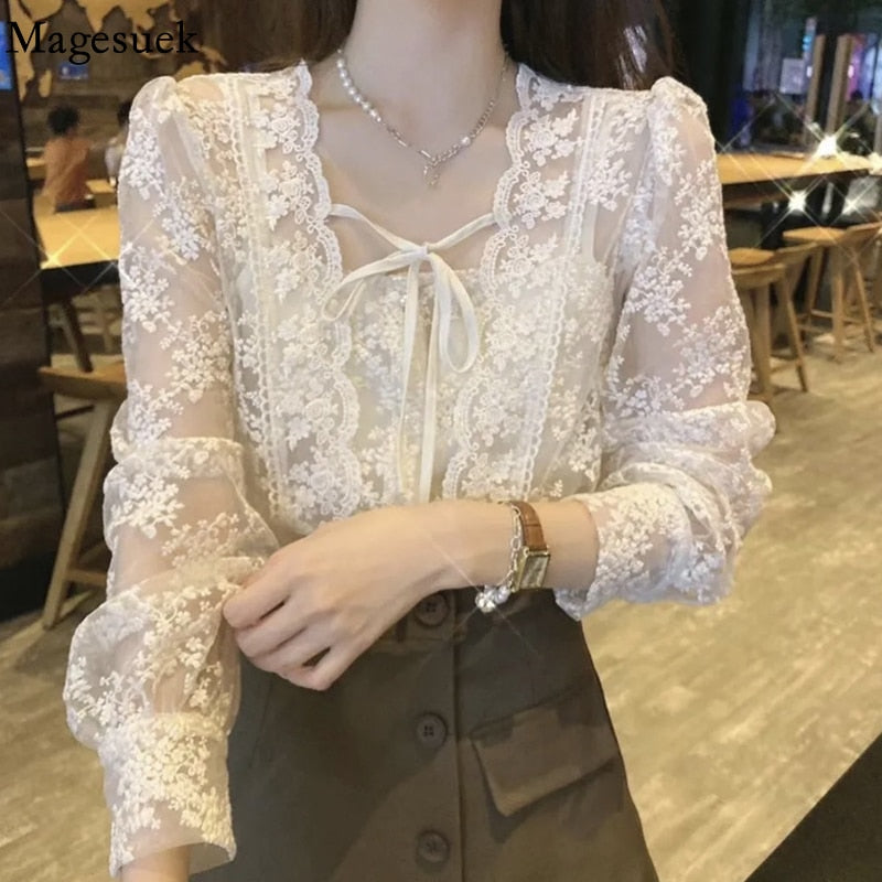 Autumn Lace Chiffon Blouse Women Sweet Puff Long Sleeve Lace-up Women's Shirt French Square Collar Flower Loose Top Blusas 17442