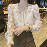 Autumn Lace Chiffon Blouse Women Sweet Puff Long Sleeve Lace-up Women's Shirt French Square Collar Flower Loose Top Blusas 17442