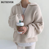 Chic Vintage Lapel Zippers Women Sweaters Jumpers 2022 Autumn Winter Full Sleeve Warm Loose Female Knitted Pullovers