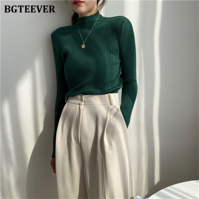 Chic Casual Half Turtleneck Women Sweaters 2023 Autumn Winter Pullovers Full Sleeve Stretched Female Knitted Tops
