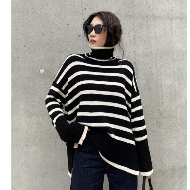2022 Striped Turtleneck Pullover Women Fashion Autumn Winter Jumper Knitwear Casual Loose Vintage Oversized Knitted Sweaters